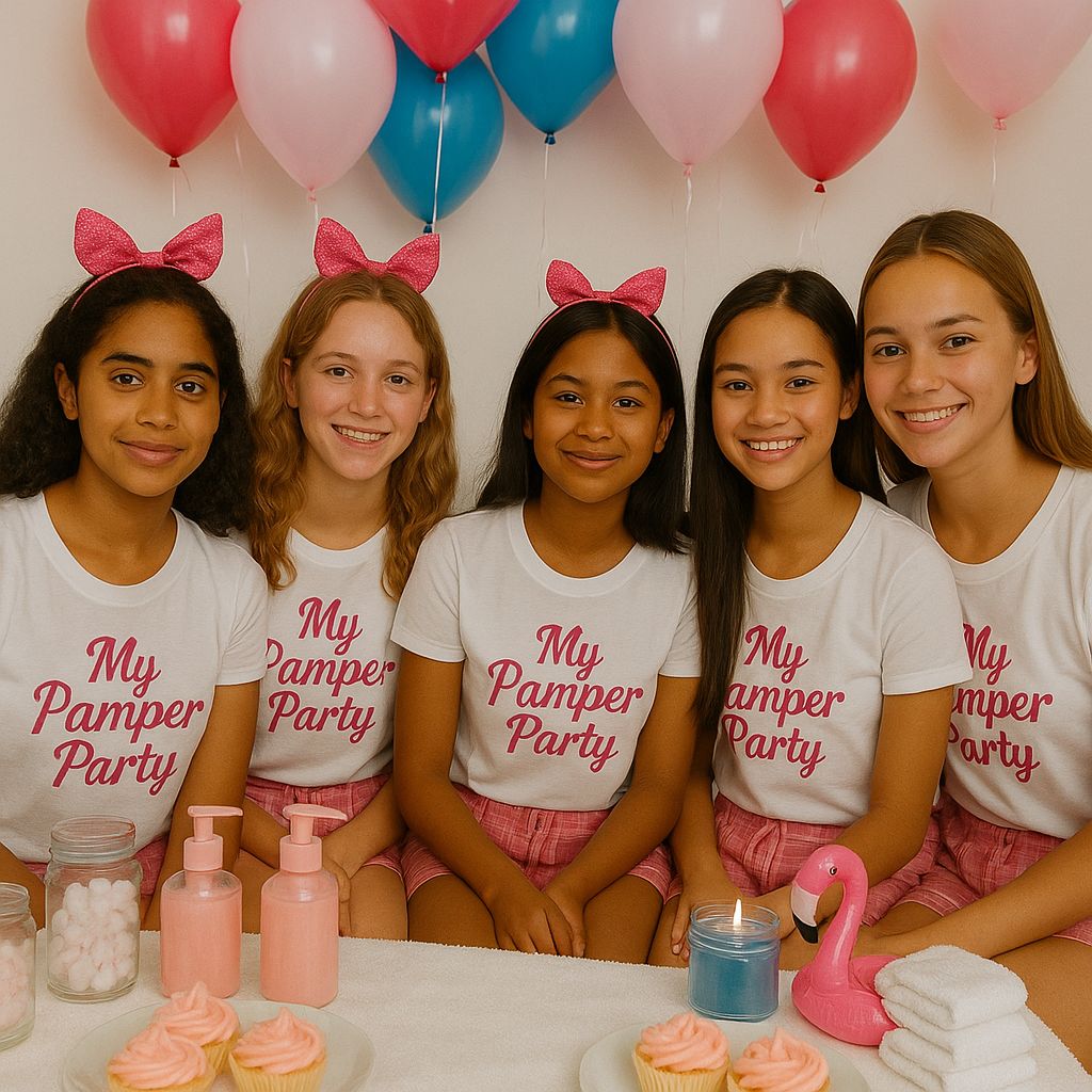 Five teenage girls of diverse backgrounds at a pamper party, wearing matching 'My Pamper Party' T-shirts and pink bows, seated in front of balloons and spa treats.
