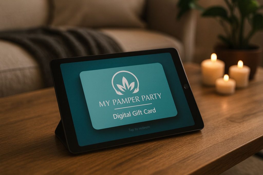 Illustration of a digital My Pamper Card gift card on an iPad