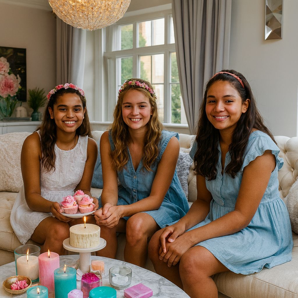 Three teenage girls of diverse backgrounds sit on a cream sofa, smiling and dressed in pastel dresses, with candles, cupcakes and spa items on the table in front of them.